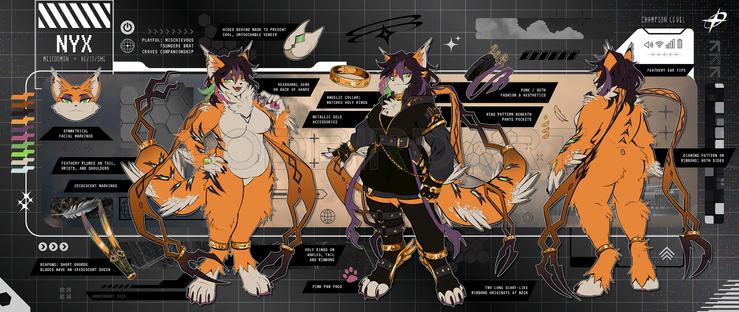 image is a digitally illustrated character sheet featuring an anthropomorphic character based on the Meicoomon species from the series Digimon. The character follows the official design, with angelic attributes tied in. In one reference image, the character wears a dark gothic outfit with gold accents and angelic themes.