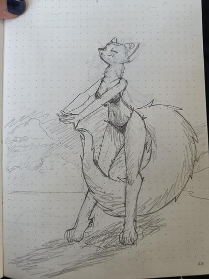 A sketch of an anthropomorphic female fox at the beach. She has a large, bushy tail and is wearing a black bikini. She's stretching and has her eyes closed.