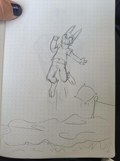 A sketch of a young anthropomorphic rabbit jumping on a bed. They have a big smile on their face.