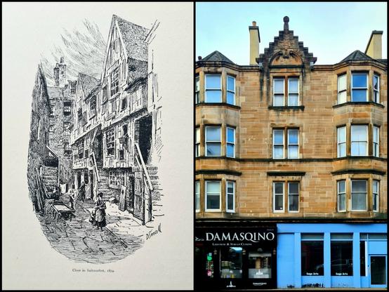 A sketch of buildings in the Saltmarket area of Glasgow from 1874, and an example of the type of building constructed to replace them in the 1880s and 1890s.