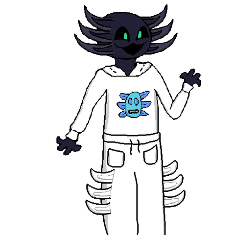 New redesign of Axel, my fursona, now being a GFP melanoid axolotl with glowing eyes and wearing some white clothing based off of Edward Skeletrix's Syckli brand