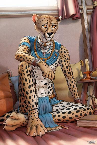 Anthro cheetah sitting relaxed on the ground with his back to a window with warm afternoon light pouring in.
