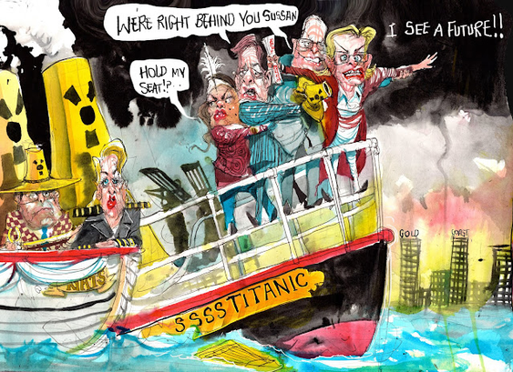 A riff on the movie "Titanic" with Sussan Ley and her crowd of cronies at the prow of the nuclear-powered SSSS Titanic, with Sussan up front with her arms outstretched saying "I see a future". Her cronies stacked up behind her saying "We're right behind you you Sussan". At the back of the crowd of cronies is Jacinta Price, looking back over her shoulder at a lifeboat called "Nats" with two people on board I can't be bothered identifying. Price is asking them to "Hold my seat?" Meanwhile, in the background, people are running around rearranging the deckchairs.

By Rowe.
