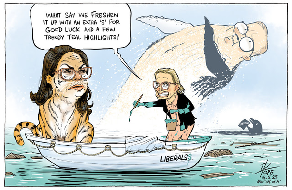 A riff on the "The Life of Pi" movie with Jacinta Price as a grumpy tiger wearing glasses with long black hair and Sussan Ley in the front of the boat. Sussan is holding a paintpot filled with teal paint and a paintbrush. There is teal pain on the brush, up Sussan's arms, and on the forward gunwales. The name of the boat is "Liberals" with an extra 'S' in teal,on the end. Sussan is saying "What say we freshen it up with an extra 'S' for good luck and a few trendy teal highlights." In the background a whale with Anthony Albanese's head can be seen leaping out of the water about to land on a hapless dolphin that is holding something with a word on it that I can't read.

By Pope.
