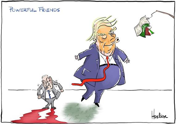 Single panel editorial cartoon titled Change in the Wind. At the top is written ‘powerful friends’.  Shows a small Netanyahu standing in the shadow of blood, flexing his muscles. Behind him is a large Trump standing in the shadow of money symbols. Trump is being turned away from Netanyahu as he is distracted like a game fish by a pole coming in from the right that has a $US100 bill attached, behind this note is the Saudi, Qatar, and UAE flags, or sim.