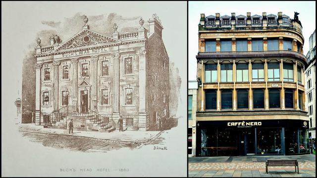 A drawing dated 1860 of a Georgian mansion, turned fashionable hotel and a photograph of the 1860s Victorian warehouse which replaced it, and which still stands on the same site.