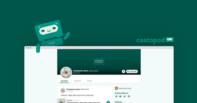 Castopod mascot waving hello and holding a browser showcasing Castopod.