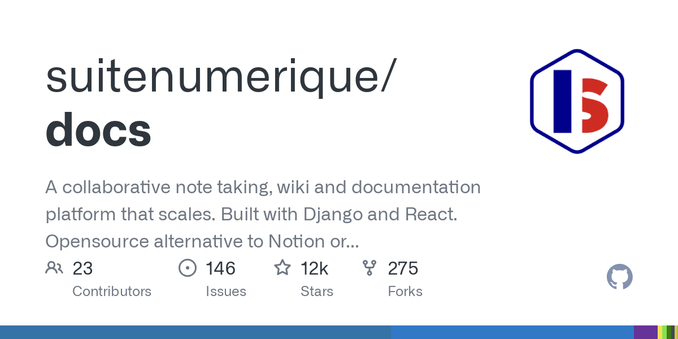 A collaborative note taking, wiki and documentation platform that scales. Built with Django and React. Opensource alternative to Notion or Outline. - suitenumerique/docs