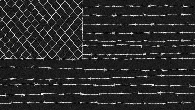 Illustration of an American flag with a chain link fence in the stars area, and barbed wire making up the stripes. Illustration of an American flag with a chain link fence in the stars area, and barbed wire making up the stripes.