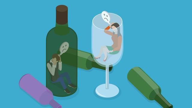 Konzeptionelle Illustration von Alkoholabhängigkeit (ein Mann gefangen in einer Weinflasche, eine Frau gefangen in einem Weinglas)