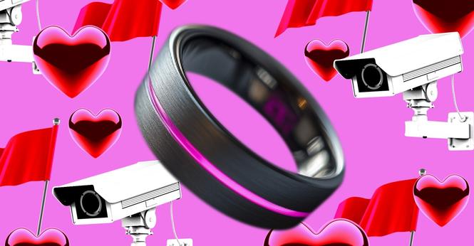 A black smart ring with a pink LED light against a pink background. There are digital red hearts, surveillance cameras and red flags artfully dispersed in the background in The Verge’s style.