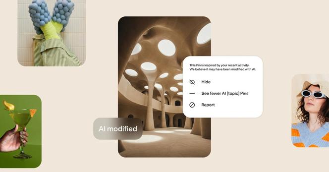 An assortment of images showing Pintrest’s new AI flagging tools.