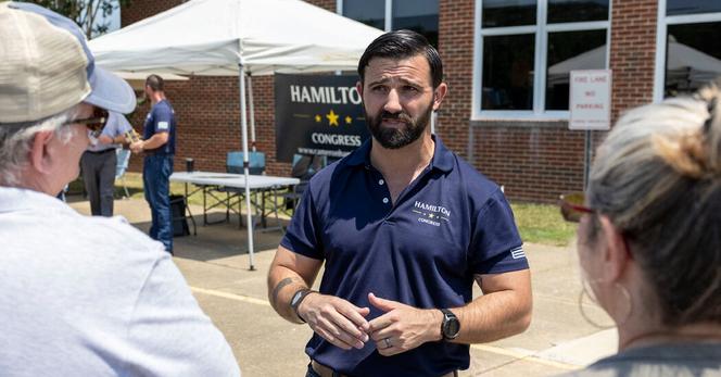 Cameron Hamilton, center, during his run for a Congressional seat last year. He was appointed acting head of the Federal Emergency Management Agency soon after President Trump began his second term.
