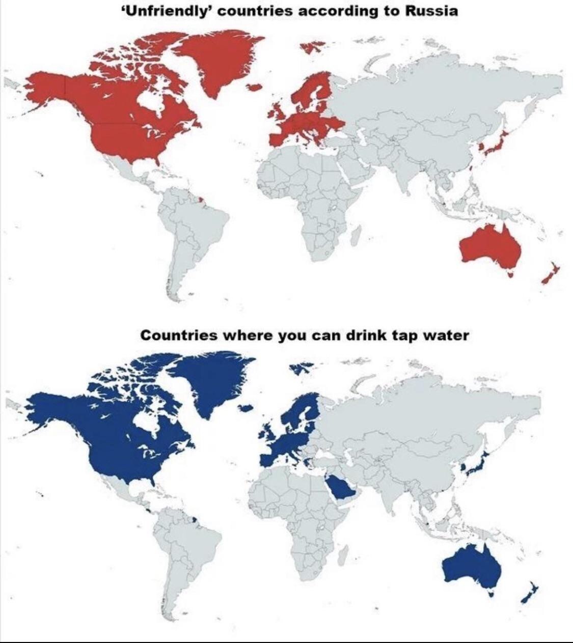 "Unfriendly' countries according to Russia
Countries where you can drink tap water

About the same