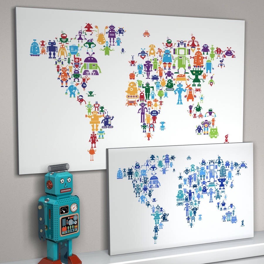 Earth map, by placing some childish colored robot symbols on white canvas at the wall