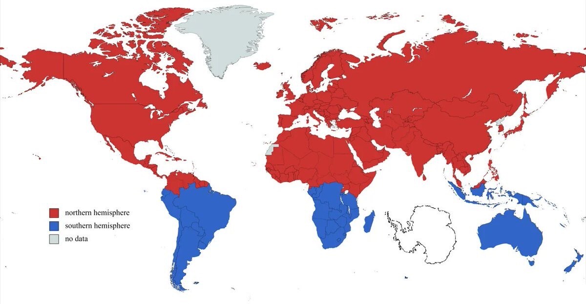 Earth map.
Red: northern hemisphere (a lot)
Blue: southern hemisphere (quite some)
Grey: no data (Austria, Greenland)