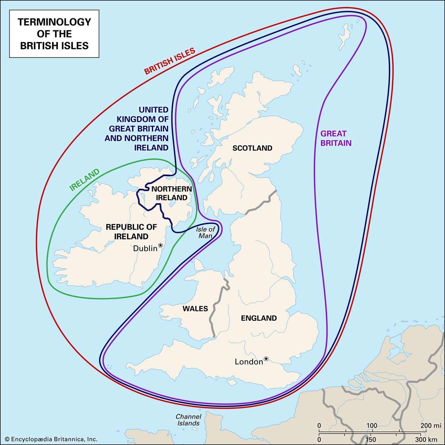 Map of the
British Islands,
market with loops:
UK
Great Britain
Scotland, Wales, etc.
etc.