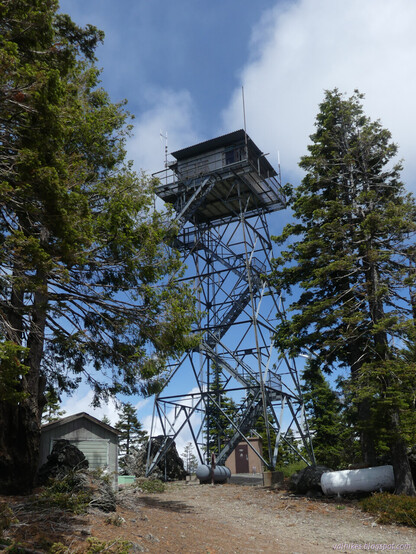 Pickett Peak Lookout. Three storeys of steps lead up through the metal scaffold to the wooden cab at the top. Two trees, a little shorter than it, frame the lookout. Two sheds and two propane tanks are on the ground around its feet.