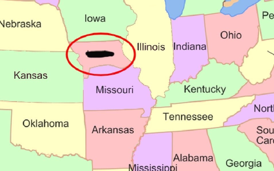 Map of parts of the USA
Between Ioea and Missouir,
The state name is blacked out.