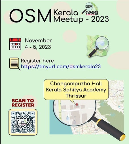 OSM Kerala Meetup 2023 announcement poster with dates and venue