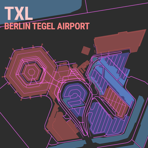 Map of the former Berlin Tegel Airport where various features are colored in pastel colors over a dark gray background. On the top left are the texts, "TXL" and "Berlin Tegel Airport".