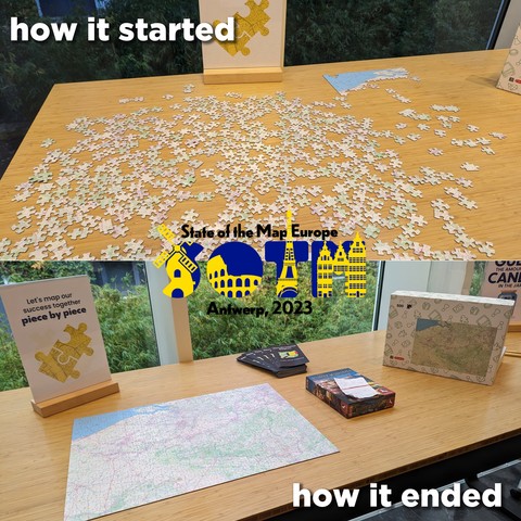 Collage of two photos.
Upper half is a jigsaw not done with slogan "how it started"
Bottom half is the jigsaw done (it's a map) with caption "how it ended"
In the the middle is the icon for state of the Map Europe 2023 icon