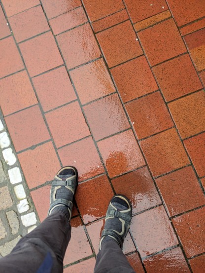 A downward view of a my feet wearing gray socks and sandals. The feet are set against a background of clearly wet terracotta-red brick pavement
