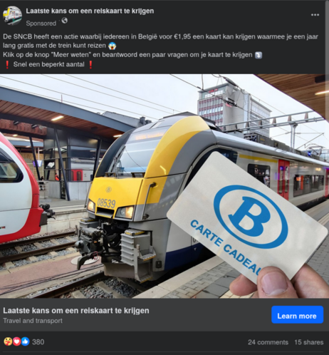 Facebook post van die 'Kortingen op treinkaartjes' pagina (advertentie zelfs), dat je voor 1,95 euro ongelimiteerd kan reizen in belgie voor een jaar met een foto van een nmbs trein met in de voorgrond iemand die een 'carte cadeau' kaartje in hun handen heeft.