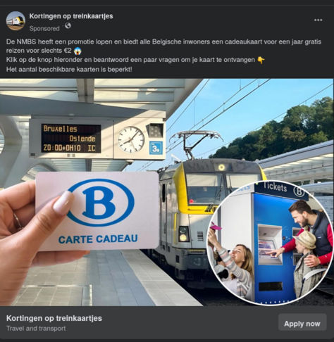 Facebook post van die 'Kortingen op treinkaartjes' pagina (advertentie zelfs), dat je voor 2 euro ongelimiteerd kan reizen in belgie voor een jaar met een foto van een nmbs trein met in de voorgrond iemand die een 'carte cadeau' kaartje in hun handen heeft.