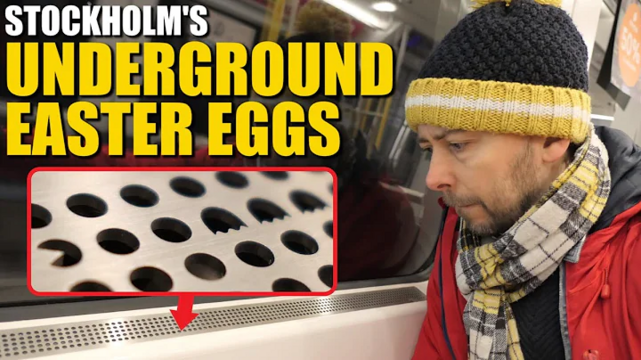 Thumbnail of The Time Traveller video where you see the air vents of the metro trains in Stockholm. Most of the holes are circles but some of them are symbols from Pac-man. Some pacmen, some ghosts. 