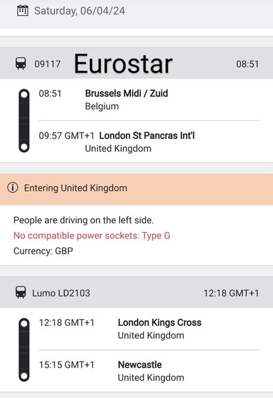 The screenshot displays a travel itinerary from the KDE itinerary app for Saturday, 06/04/24. It lists two train trips. The first one, train number 09117 Eurostar, departs at 08:51 from Brussels Midi/Zuid in Belgium and arrives at 09:57 GMT+1 at London St Pancras International in the United Kingdom. An informational note indicates that upon entering the United Kingdom, people drive on the left side, there are no compatible power sockets (Type G required), and the currency is GBP. The second tri…