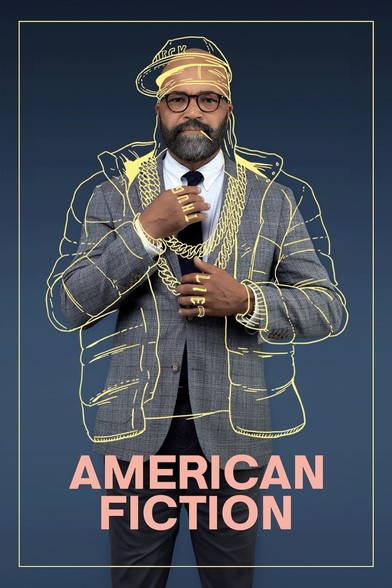 Simplified movie poster of American Fiction depicting Jeffrey Wright wearing a suit and tie with a drawing of a typical Black urban outfit of a cap and hoodie overlayed on him.