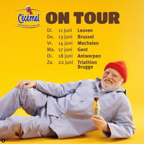 An advertisement for Cécémel featuring hide the pain harold, wearing a light gray jumpsuit and a red beanie, lying down and holding a bottle of Cécémel. The background is bright yellow. The text on the ad reads "Cécémel ON TOUR" and lists the tour dates and locations:

- Di. 11 juni: Leuven
- Do. 13 juni: Brussel
- Vr. 14 juni: Mechelen
- Ma. 17 juni: Gent
- Di. 18 juni: Antwerpen
- Za. 22 juni: Triathlon Brugge

The Cécémel logo is displayed at the top left corner.
