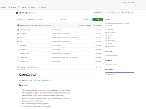 Screenshot from GitHub of the OpenCage.jl repository