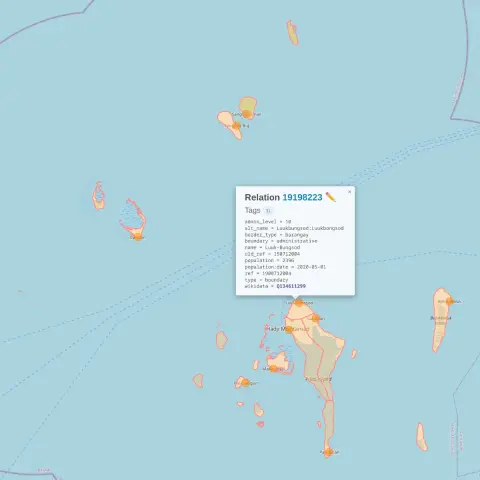 Screenshot of an Overpass Turbo query result map showing the boundaries and the node label positions of the 10 barangays of Hadji Muhtamad, Basilan, with the relation of Luuk-Bungsod selected showing its tags.