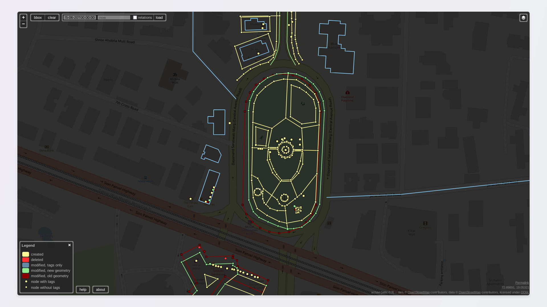 Screenshot of Achavi displaying the numerous changes made in and around the Diamond Park, Chembur.
Within the park, yellow lines show the footways, hedges, playground, and fitness station that have been added. The historic aircraft was converted from a node to a polygon. The boundary of the park was also corrected, with the old boundary shown as a red polygon and the new boundary shown in green.
South of the park, a building has been moved and split into two, with one of the new buildings being turned into a multipolygon. A row of 10+ POIs has been added, shown as yellow points.
To the west of the park, another row of POIs has been added and moved.
All around the park, 2 streets and 6 buildings are highlighted with blue, indicating tag changes in the form of addition of street names and building details.
To the north of the park, yellow lines and polygons indicate the addition of sidewalks, walls, and landuse boundaries. Screenshot of Achavi displaying the numerous changes made in and around the Diamond Park, Chembur.
Within the park, yellow lines show the footways, hedges, playground, and fitness station that have been added. The historic aircraft was converted from a node to a polygon. The boundary of the park was also corrected, with the old boundary shown as a red polygon and the new boundary shown in green.
South of the park, a building has been moved and split into two, with one of the new buildings being turned into a multipolygon. A row of 10+ POIs has been added, shown as yellow points.
To the west of the park, another row of POIs has been added and moved.
All around the park, 2 streets and 6 buildings are highlighted with blue, indicating tag changes in the form of addition of street names and building details.
To the north of the park, yellow lines and polygons indicate the addition of sidewalks, walls, and landuse boundaries.
