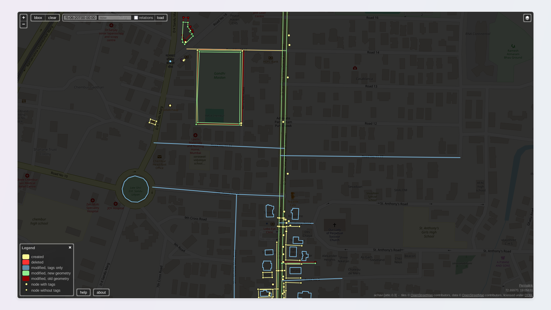 Screenshot of Achavi showing changes made along Dayanand Saraswati Marg, to the north of Diamond Park.
Roads, buildings, and park highlighted in blue show updates to their names. A large park has been retagged as a recreation ground, and a footway was detached from its boundary.
Multiple walls and fences have been added to the south, shown as yellow lines.
There are yellow points all along the road, showing the addition of benches, bus stops, information signs, and street lamps. Two zebra crossings have also been added. Screenshot of Achavi showing changes made along Dayanand Saraswati Marg, to the north of Diamond Park.
Roads, buildings, and park highlighted in blue show updates to their names. A large park has been retagged as a recreation ground, and a footway was detached from its boundary.
Multiple walls and fences have been added to the south, shown as yellow lines.
There are yellow points all along the road, showing the addition of benches, bus stops, information signs, and street lamps. Two zebra crossings have also been added.