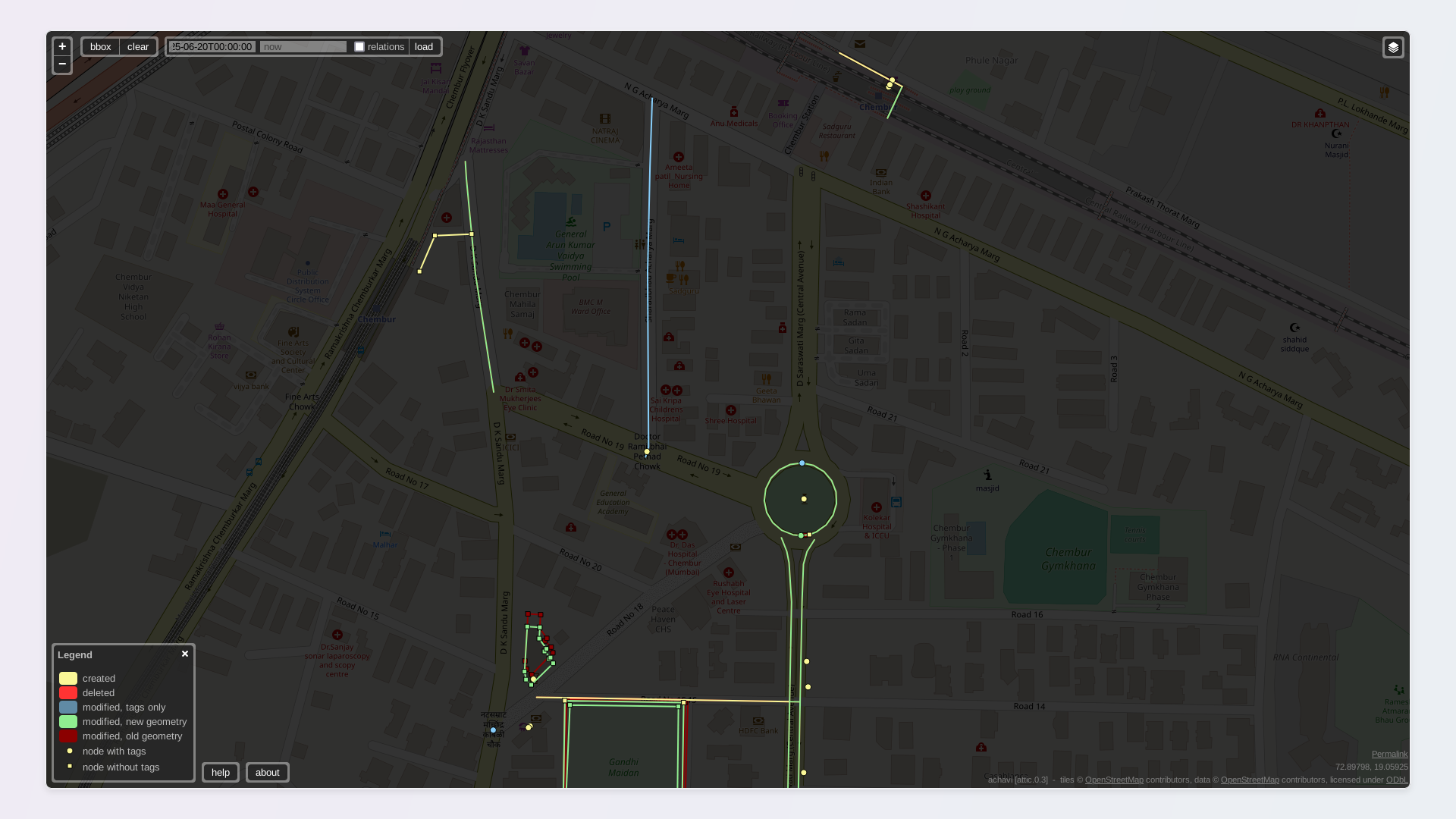 Screenshot of Achavi showing changes within the Chembur suburban railway station and south of it.
A yellow line shows where a street has been added connecting D.K. Sandu Marg to the monorail station. A blue line shows a street for which a Hindi name was added.
Yellow points show the addition of a junction name, a statue, and railway ticket vending machines. Screenshot of Achavi showing changes within the Chembur suburban railway station and south of it.
A yellow line shows where a street has been added connecting D.K. Sandu Marg to the monorail station. A blue line shows a street for which a Hindi name was added.
Yellow points show the addition of a junction name, a statue, and railway ticket vending machines.