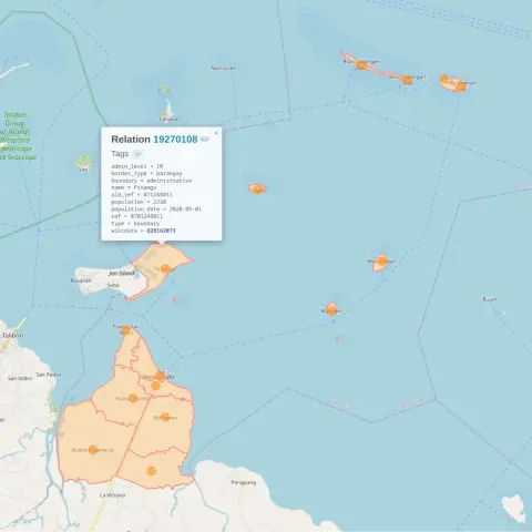 Screenshot of an Overpass Turbo query result map showing the boundaries and the node label positions of the 15 barangays of Bien Unido, Bohol, Philippines, with the relation of Pinamgo selected showing its tags.