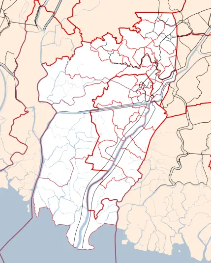 Blank political map of Macabebe and Masantol in the Philippines. Surrounding areas are colored in beige while the municipal boundaries are shown as thick red lines and barangay (village) boundaries are thin red lines. Major roads are rendered as black lines while rivers and the Manila Bay are in light blue-gray.