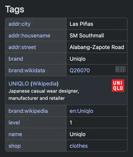 Screenshot from the OpenStreetMap website showing the following tag table:

addr:city = Las Pifias
addr:housename = SM Southmall
addr:street = Alabang-Zapote Road
brand = Uniqlo
brand:wikidata = Q26070

UNIQLO (Wikipedia)
Japanese casual wear designer,
manufacturer and retailer

brand:wikipedia = en:Uniqlo
level = 1
name = Uniqlo
shop = clothes