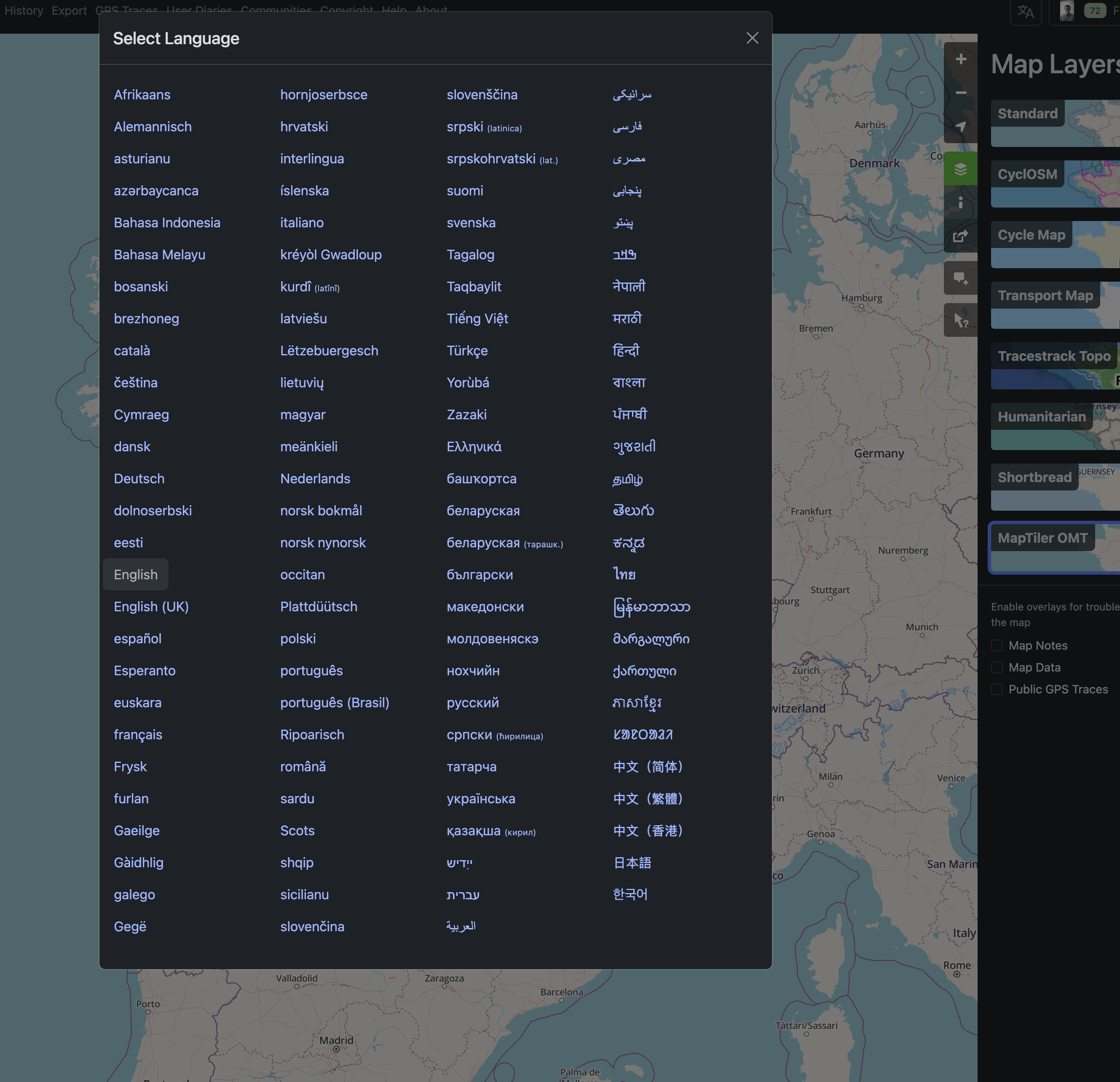 Screenshot of the www.openstreetmap.org website with the language selection tool open displaying a list of the supported OpenStreetMap.org languages.