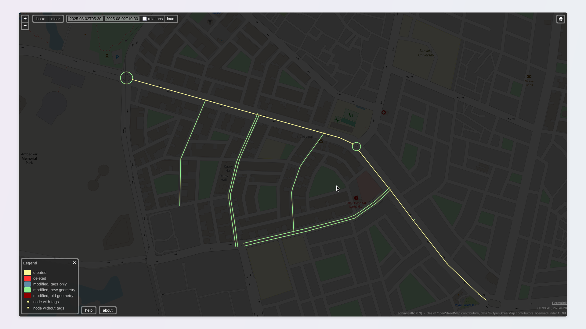 A screenshot of Achavi, showing changes made by niyabits. A yellow line runs down the middle of the map, showing a newly added bike lane. Multiple green lines extending from it show the roads connected to it, and 2 green circles show the roundabouts connected to it. A screenshot of Achavi, showing changes made by niyabits. A yellow line runs down the middle of the map, showing a newly added bike lane. Multiple green lines extending from it show the roads connected to it, and 2 green circles show the roundabouts connected to it.