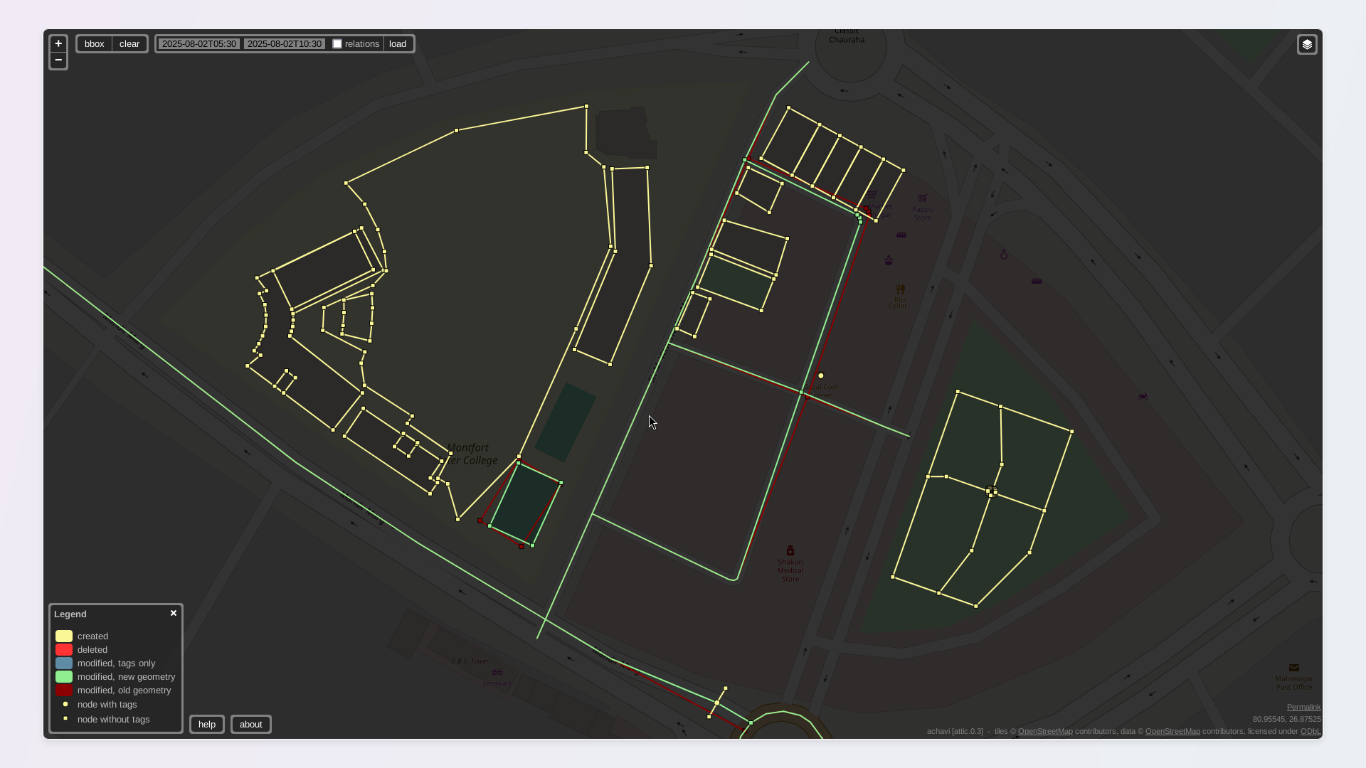 A screenshot of Achavi, showing changes made by niyabits. Multiple yellow polygons in the Montfort College area show the buildings and ground that have been added. A yellow window-like shape shows the walking paths that have been added to a park. A little yellow line shows a pedestrian crossing added to a road, and the road itself is highlighted in green, showing that it has been moved slightly from its previous position in red. A screenshot of Achavi, showing changes made by niyabits. Multiple yellow polygons in the Montfort College area show the buildings and ground that have been added. A yellow window-like shape shows the walking paths that have been added to a park. A little yellow line shows a pedestrian crossing added to a road, and the road itself is highlighted in green, showing that it has been moved slightly from its previous position in red.
