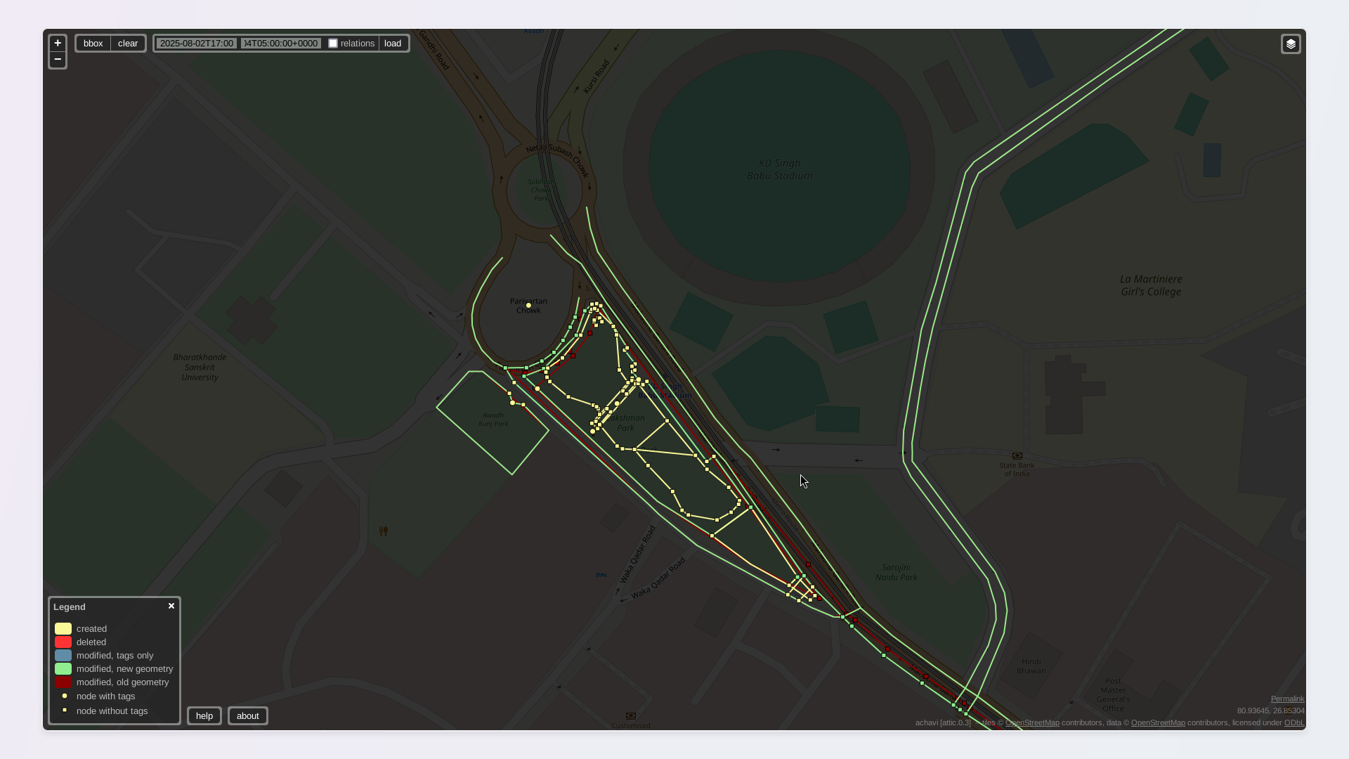 A screenshot of Achavi, showing changes as colored points, lines, and polygons on a darkened map.
These changes were made on Saturday evening after the OSM workshop and FOSS Meetup, as contrapunctus and niyabits surveyed the parks in the vicinity of Hazratganj market.
Most of the changes were made in Lakshman Park, near KD Singh Babu Stadium. A fuel station was added near its southeastern corner, and a gate was added near its western corner. To its west, the name and a gate were added for the Awadh Kunj Park. To its northwest, a point was added for Parivartan Chowk.
Within Lakshman Park, a cluster of yellow points and lines show the added entrance, walking paths, fountains, statues, and a cluster of benches.
Part of the park itself was split off to create the adjacent Raja Jai Lal Singh Park. A screenshot of Achavi, showing changes as colored points, lines, and polygons on a darkened map.
These changes were made on Saturday evening after the OSM workshop and FOSS Meetup, as contrapunctus and niyabits surveyed the parks in the vicinity of Hazratganj market.
Most of the changes were made in Lakshman Park, near KD Singh Babu Stadium. A fuel station was added near its southeastern corner, and a gate was added near its western corner. To its west, the name and a gate were added for the Awadh Kunj Park. To its northwest, a point was added for Parivartan Chowk.
Within Lakshman Park, a cluster of yellow points and lines show the added entrance, walking paths, fountains, statues, and a cluster of benches.
Part of the park itself was split off to create the adjacent Raja Jai Lal Singh Park.