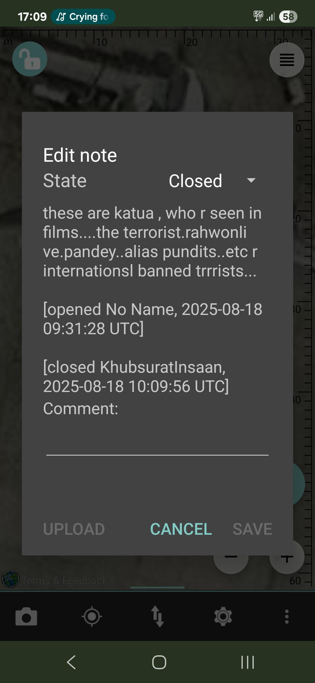 OSM note with the text "these are katua , who r seen in films....the terrorist.rahwonlive.pandey..alias pundits..etc r internationsl banned trrrists..."