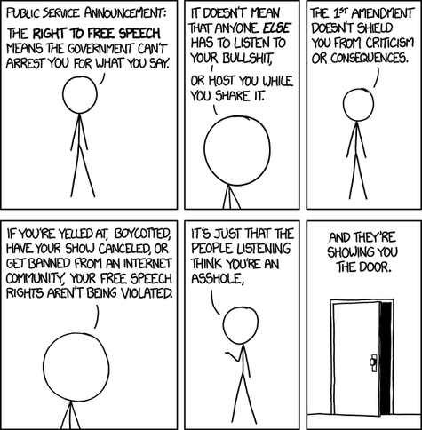 A six-panel comic strip showing a stick figure named Cueball.

1. Cueball: Public Service Announcement: The Right to Free Speech means the government can’t arrest you for what you say.

2. Cueball: It doesn’t mean that anyone else has to listen to your bullshit, or host you while you share it.

3. Cueball: The 1st Amendment doesn’t shield you from criticism or consequences.

4. Cueball: If you’re yelled at, boycotted, have your show canceled, or get banned from an Internet community, your free …