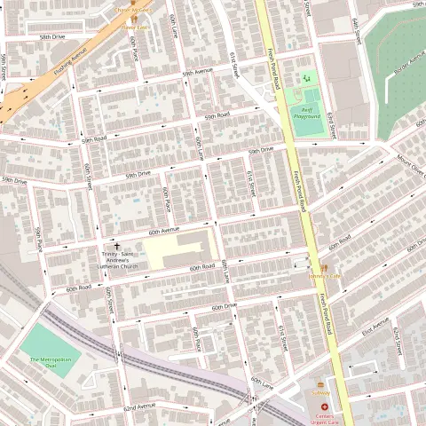 Street map of a portion of Queens, New York City, with street names like 60th Street, 60th Lane, 60th Place, 60th Road, 60th Drive, and 60th Avenue