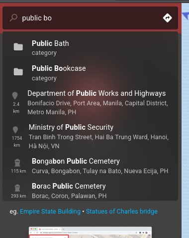 An image showing partial results from OsmAPP, as a user typed "public bo".