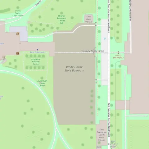 Screenshot of the default OpenStreetMap style showing the east wing of the White House as an active construction zone and labeled as the “White House State Ballroom”